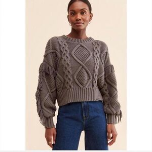 Line & Dot NWT Fringe Cable Knit Sweater – Charcoal Gray – Boho Chunky Knit
